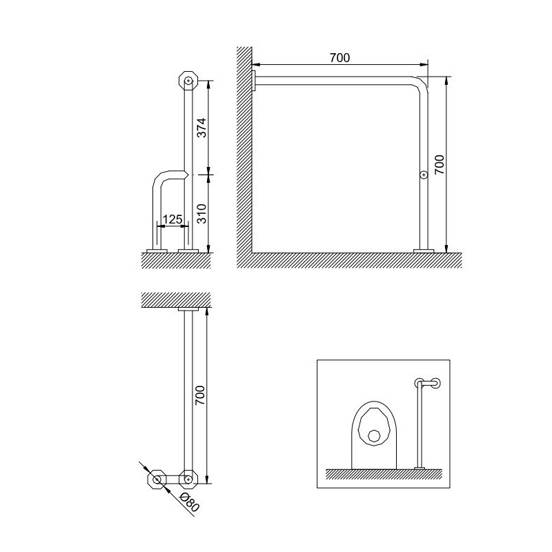 Поручень 90 градусів із настінними та підлоговими точками опори Nofer 15203.S