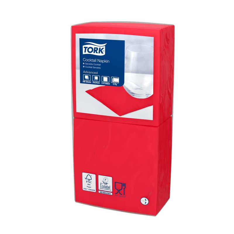 Серветки червоні Tork, 24*24 2 шари, 200 шт. Австрія 477826